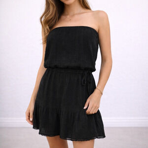 Anthro Daily Practice Strapless Gauze Dress XS Black Ruffle Mini